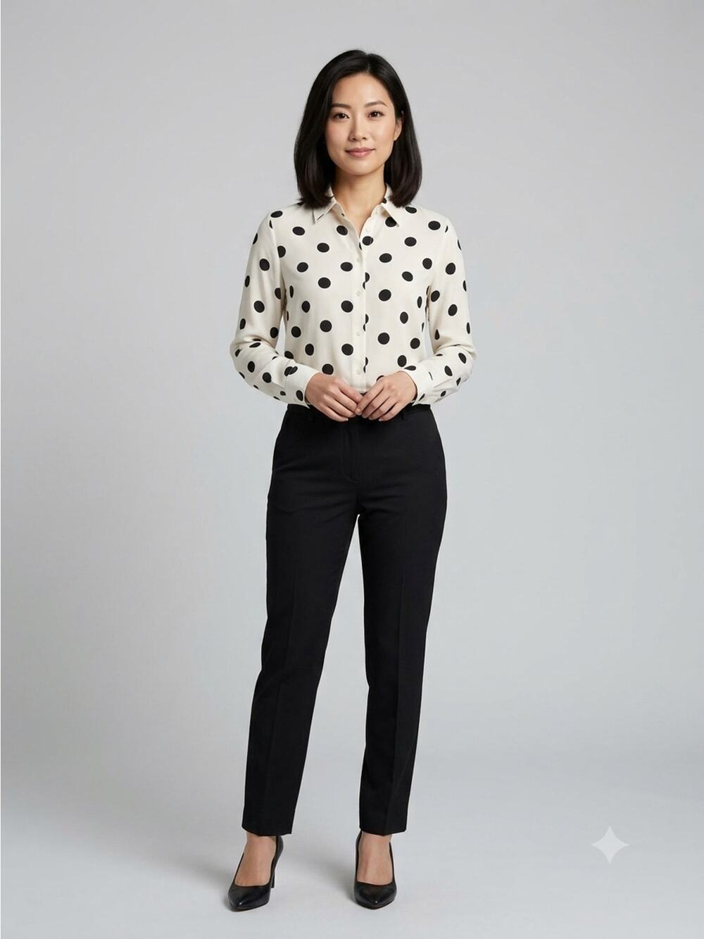 Semi-sheer White Collared Button Up Long Sleeve Top with Black Polka Dots | S